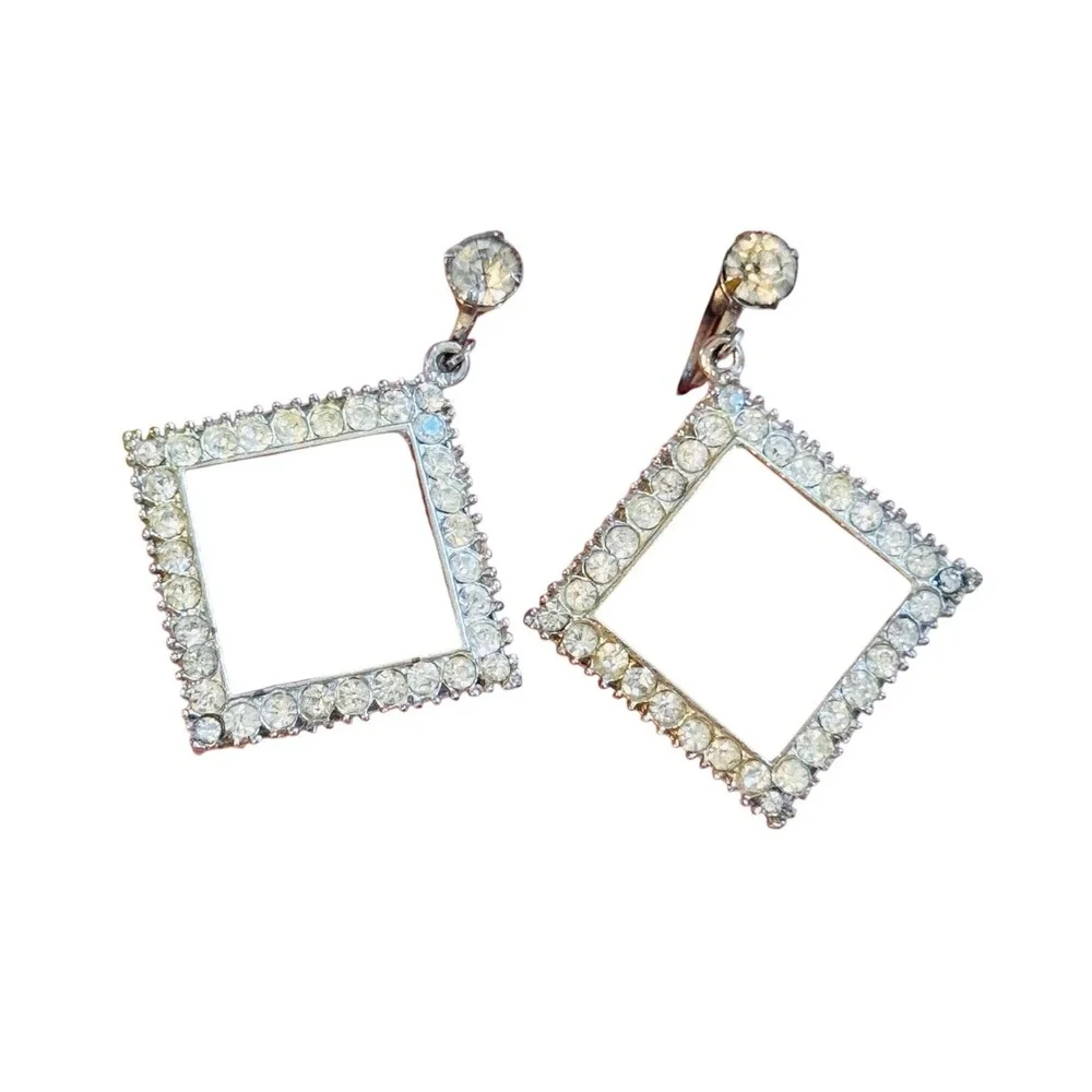 VTG Art Deco Screw‎ back Rhinestone Earrings Statement Dangle Silver Tone Rare